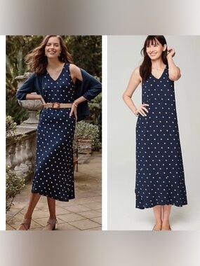 J.Jill Women’s Flounced-Hem Midi Dress Navy Blue Polka Dot Sleeveless Sz L Large